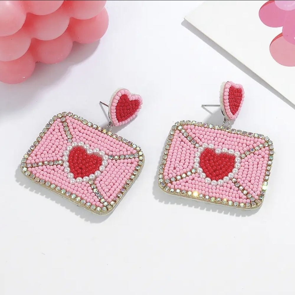 Pink and Red Heart Envelope Earrings
